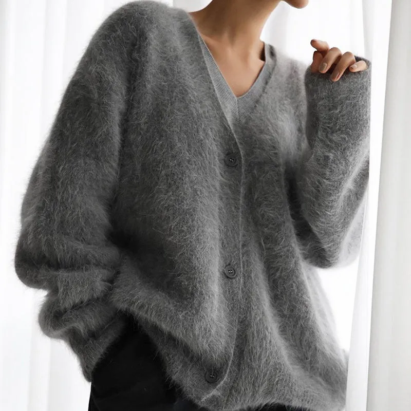 Women's fuzzy knit button down drop shoulder cardigan V neck